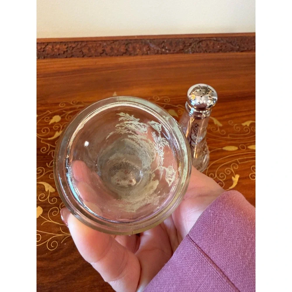Vintage Silver Overlay Salt‎ & Pepper Shakers, Floral Glass Set